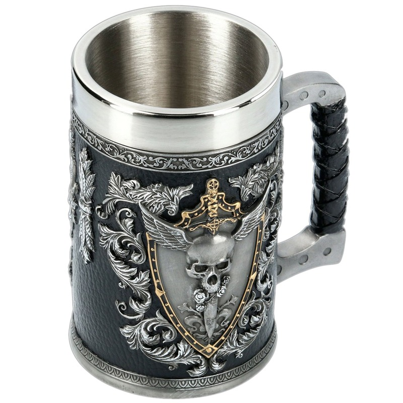Vintage stainless steel and resin beer mug featuring a 3D skull, floral patterns, and a stylish handgrip.