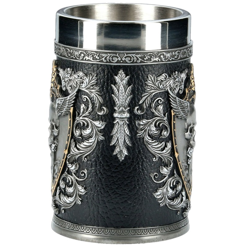 Stainless steel and resin beer mug with intricate 3D skull and floral designs, perfect for vintage style collectors.