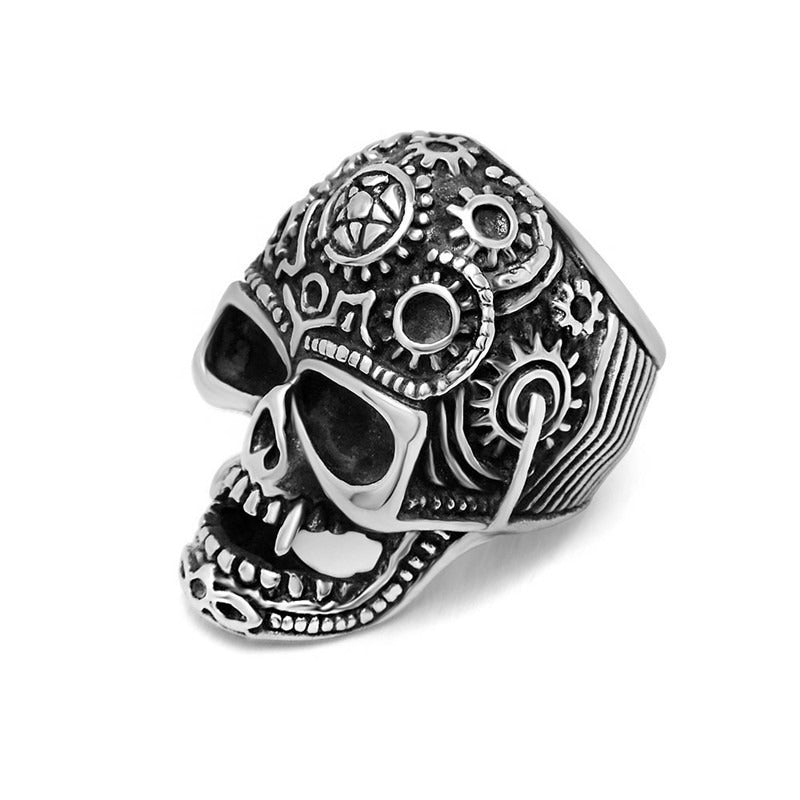 Detailed stainless steel big skull ring, perfect for punk rock and alternative fashion styles.