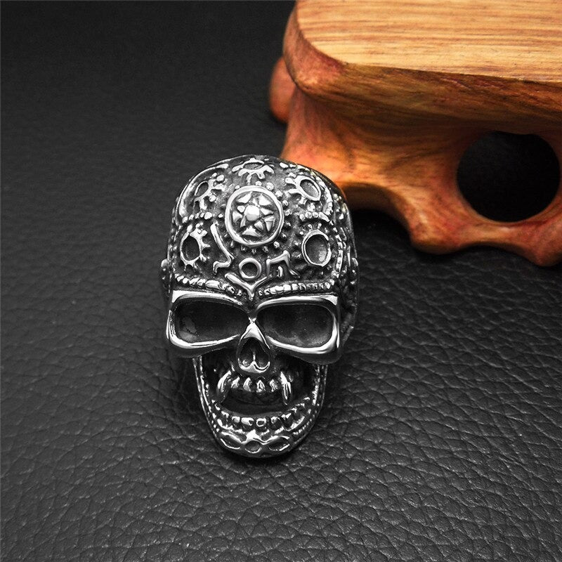 Detailed stainless steel big skull ring for punk rock fashion, perfect for adding flair to outfits.