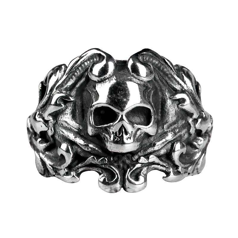 Vintage unisex stainless steel skull ring with intricate design, perfect for a rocker style.