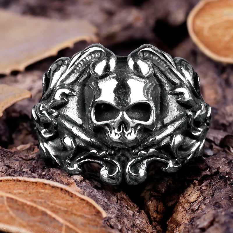 Vintage stainless steel skull ring for bikers, unisex design, perfect for adding a rock vibe to any outfit.