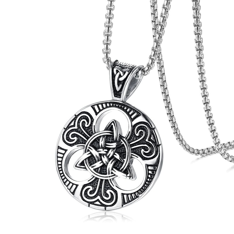Stainless steel Celtic knot pendant on a chain, showcasing vintage design for men and women, perfect as a religious symbol.