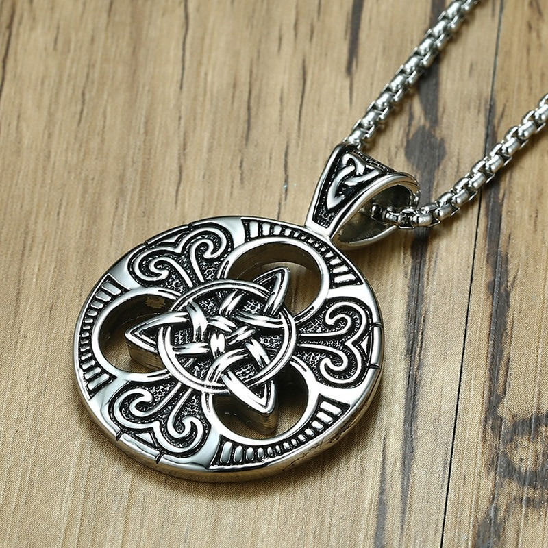 Stylish stainless steel Celtic knot pendant on a chain with intricate vintage design, perfect for men and women.