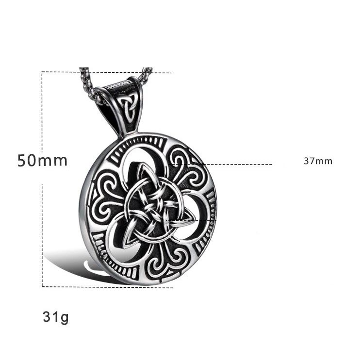 Stainless steel Celtic knot pendant with chain, vintage style, measuring 50mm x 37mm, weighing 31g.
