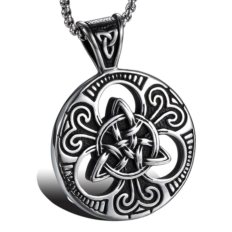 Vintage stainless steel Celtic knot pendant for men and women, featuring intricate design on a silver chain.