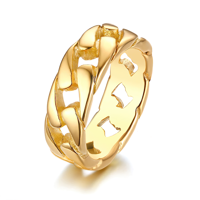 Gold stainless steel chain link ring for men and women, complementing casual and alternative fashion styles.