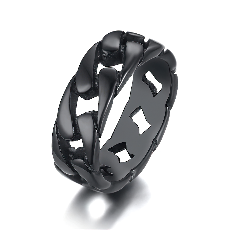 Stylish black stainless steel chain link ring for men and women, perfect for casual and fashion outfits.