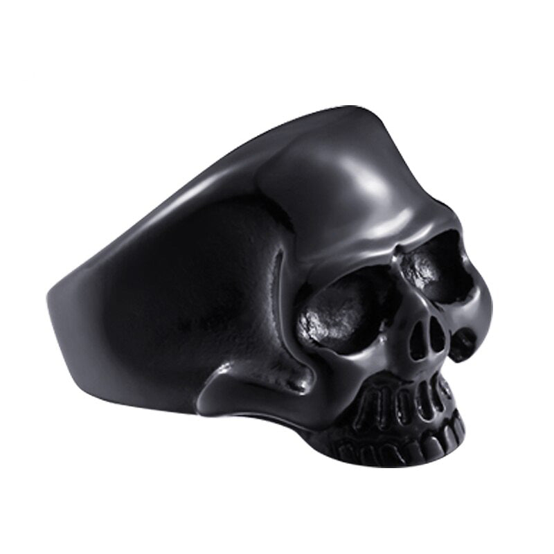 High polished black stainless steel skull ring, a fierce accessory for alternative fashion lovers.