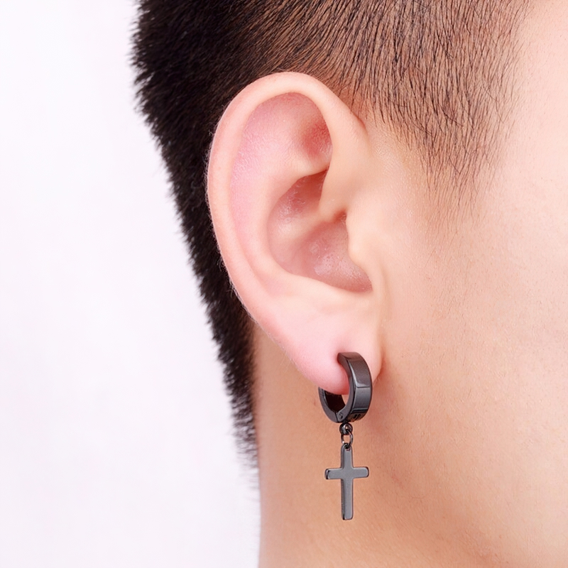 Unisex punk style stainless steel dangle earrings with black cross, perfect for edgy outfits.