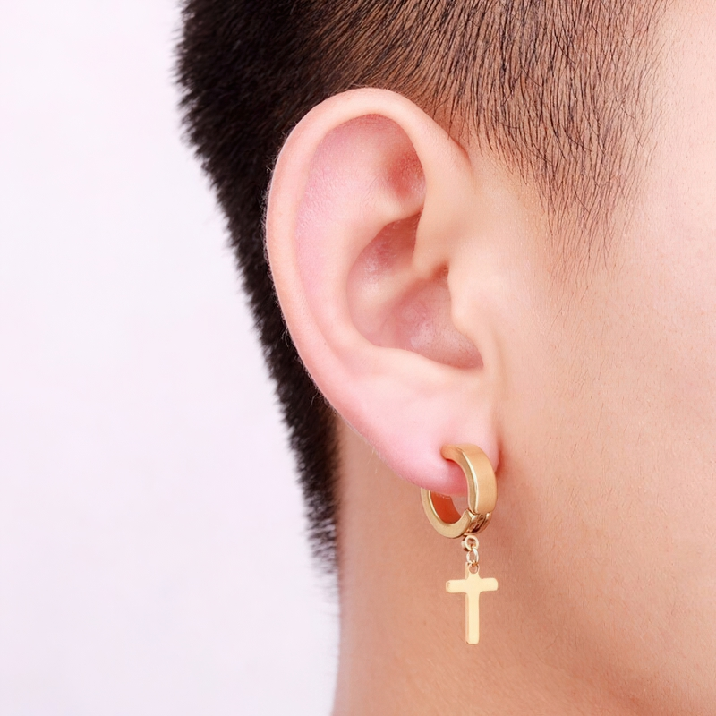 Gold stainless steel dangle earrings with cross, perfect unisex punk accessory.