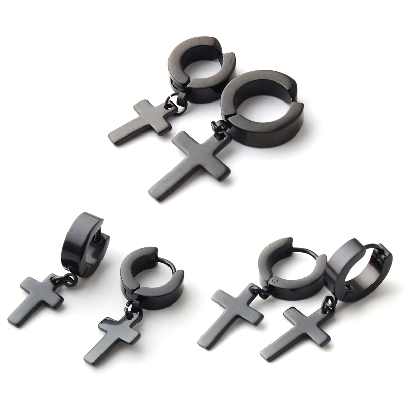 Punk style unisex stainless steel dangle earrings with crosses, available in various colors.