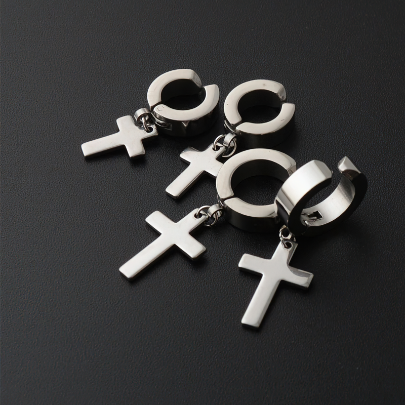 Trendy stainless steel dangle earrings featuring punk-style crosses, perfect for unisex fashion.