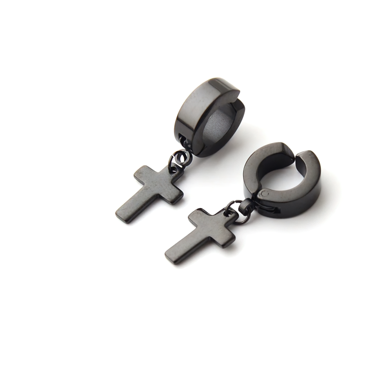 Stylish unisex stainless steel dangle earrings featuring cross design in black metal.
