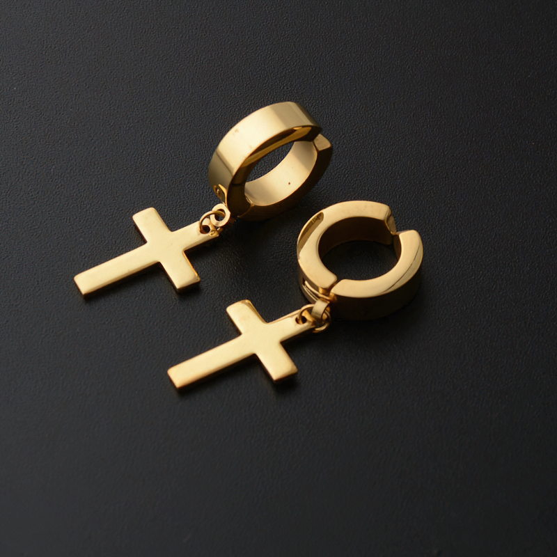 Unisex punk-style stainless steel dangle earrings featuring gold cross design, perfect for adding flair to any outfit.