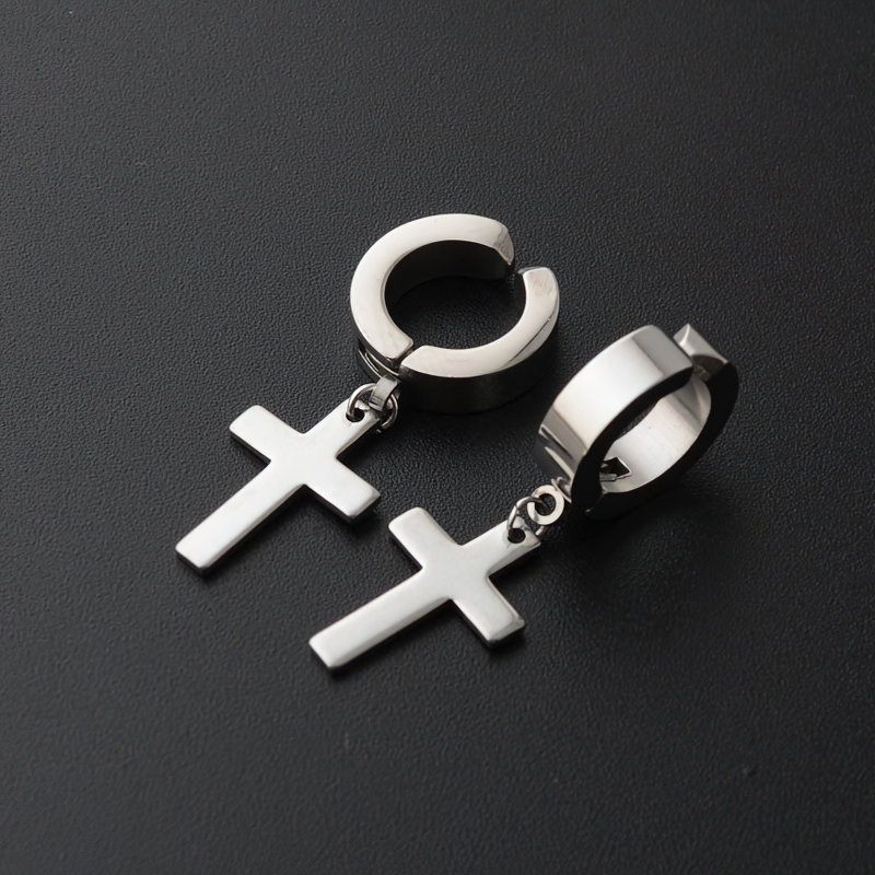 Stylish stainless steel dangle earrings featuring unisex punk cross design, perfect for any edgy outfit.