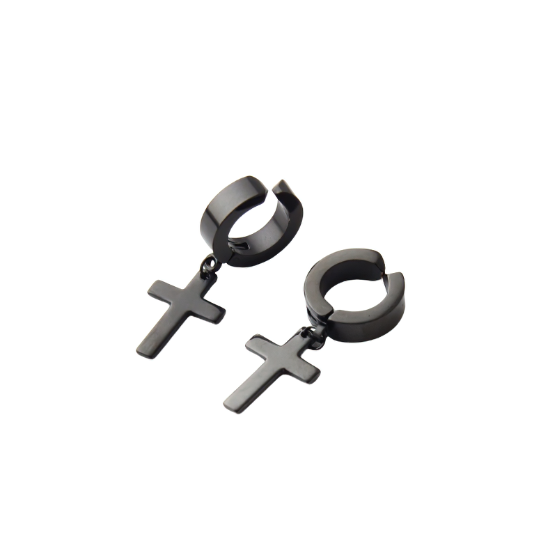 Stylish unisex stainless steel dangle earrings with black crosses, perfect for punk fashion enthusiasts.