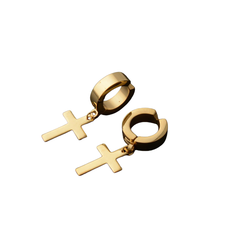 Gold stainless steel dangle earrings with cross design, unisex punk style, perfect for edgy outfits.