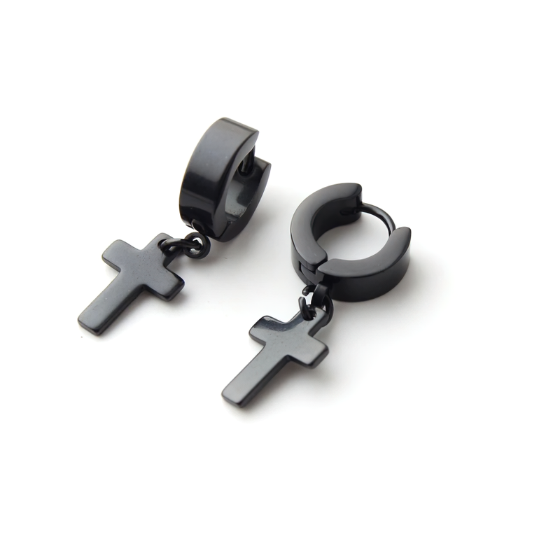 Stylish black stainless steel dangle earrings with cross design, perfect for unisex punk outfits.
