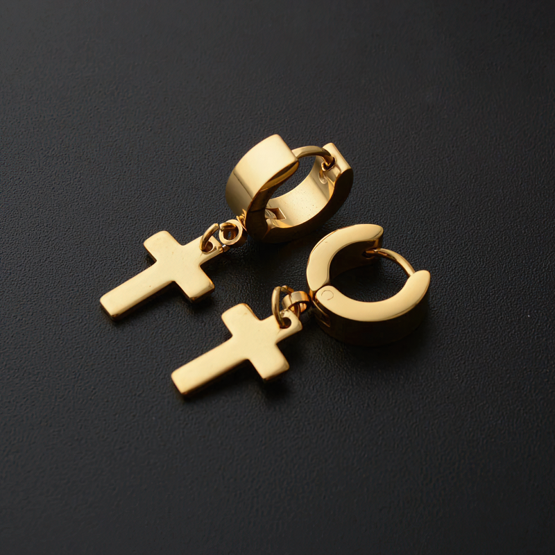 Stylish gold cross dangle earrings, unisex punk style, perfect for adding flair to any outfit.