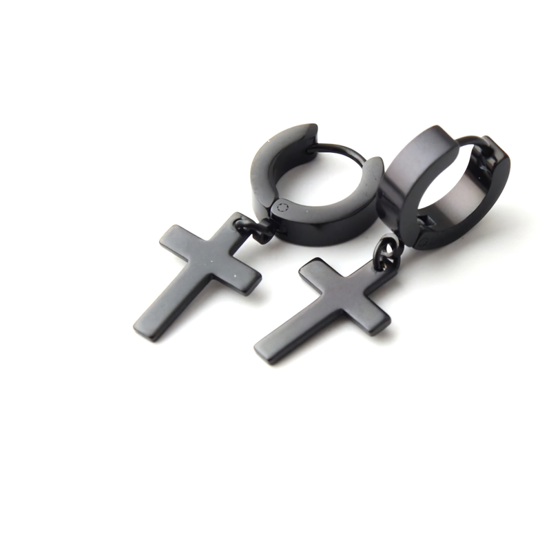 Stylish black stainless steel dangle earrings with cross pendants, perfect for a punk look.