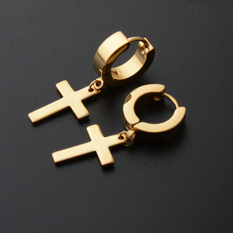 Gold unisex punk dangle earrings with cross design, perfect accessory for edgy outfits.