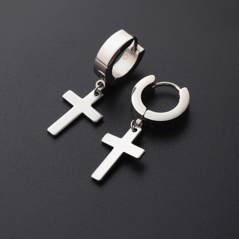 Stylish stainless steel dangle earrings with crosses, perfect for punk style and unisex fashion.
