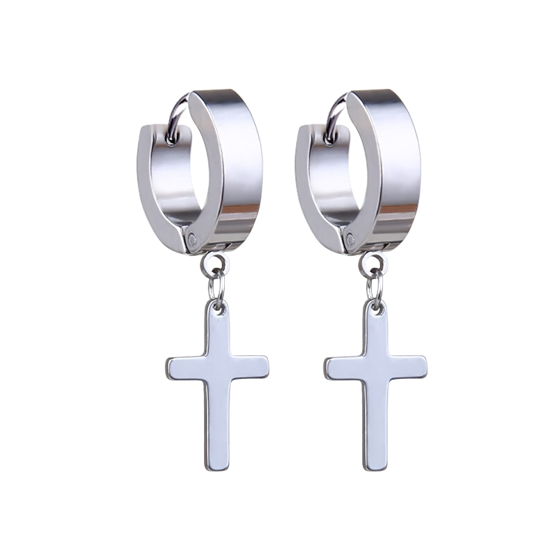 Stylish stainless steel dangle earrings with cross design, perfect for unisex punk fashion.