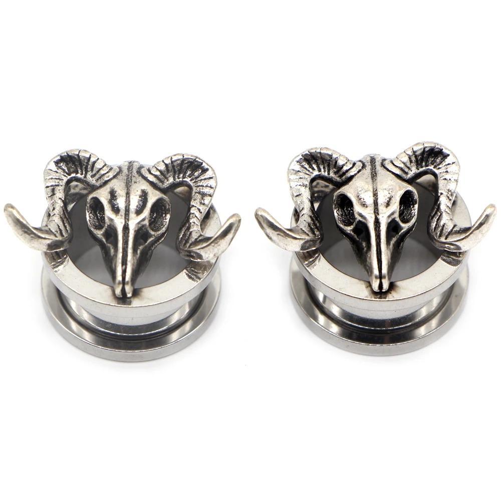 Stainless steel dinosaur ear gauges with ram skull design, edgy tunnel jewelry for unisex fashion.
