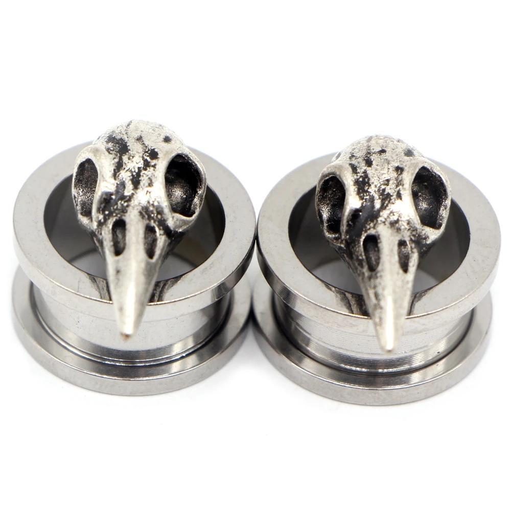 Stainless steel dinosaur ear gauges with unique animal skull design, unisex body jewelry for edgy fashion.