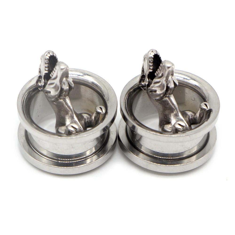 Stainless steel dinosaur ear gauges featuring animal heads, stylish body jewelry for a unique fashion statement.