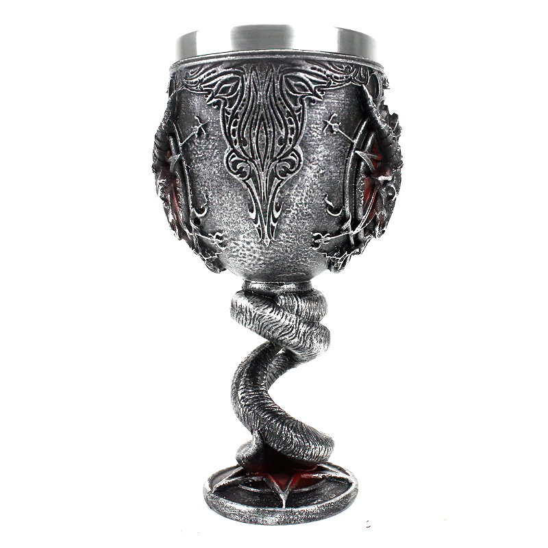 Gothic stainless steel wine glass with intricate demonic designs and serpent-shaped stem, perfect for unique drinkware.