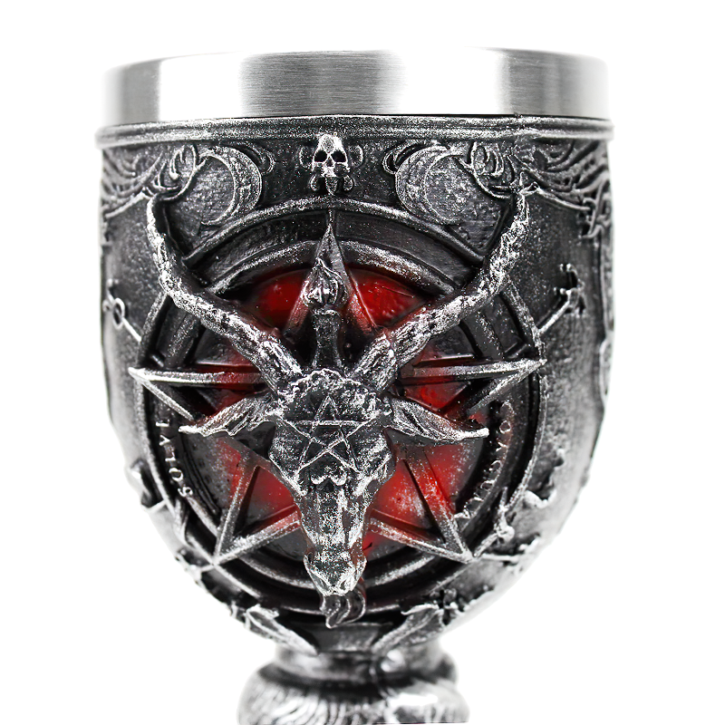 Stainless steel Gothic wine glass featuring a pentagram and demonic goat skull design, perfect for unique tableware.