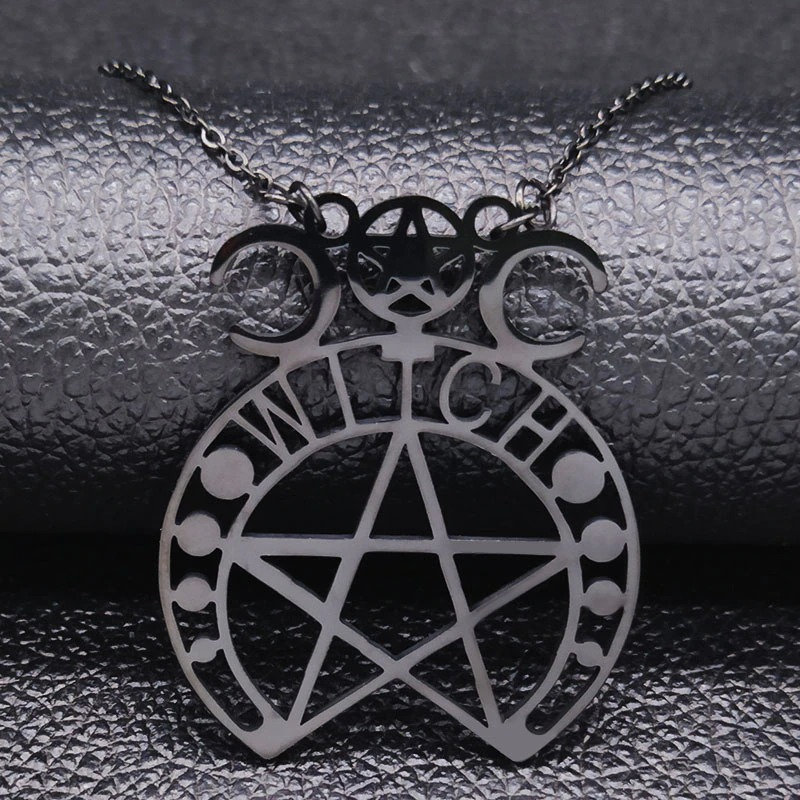 Stainless steel gothic pendant featuring a witchcraft pentagram design on a link chain necklace.