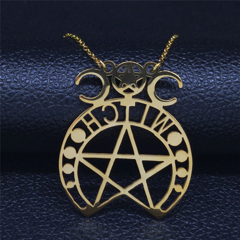 Gold pendant with witchcraft pentagram and crescent moons, perfect for gothic jewelry lovers.