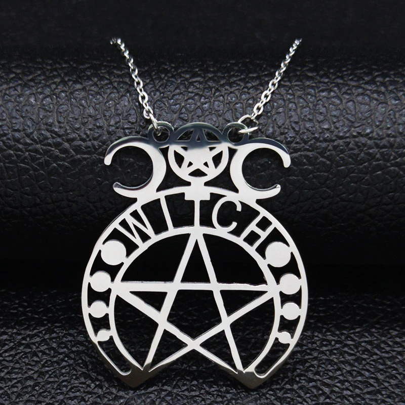 Stainless steel gothic pendant with pentagram and witchcraft symbols, perfect for alternative fashion lovers.