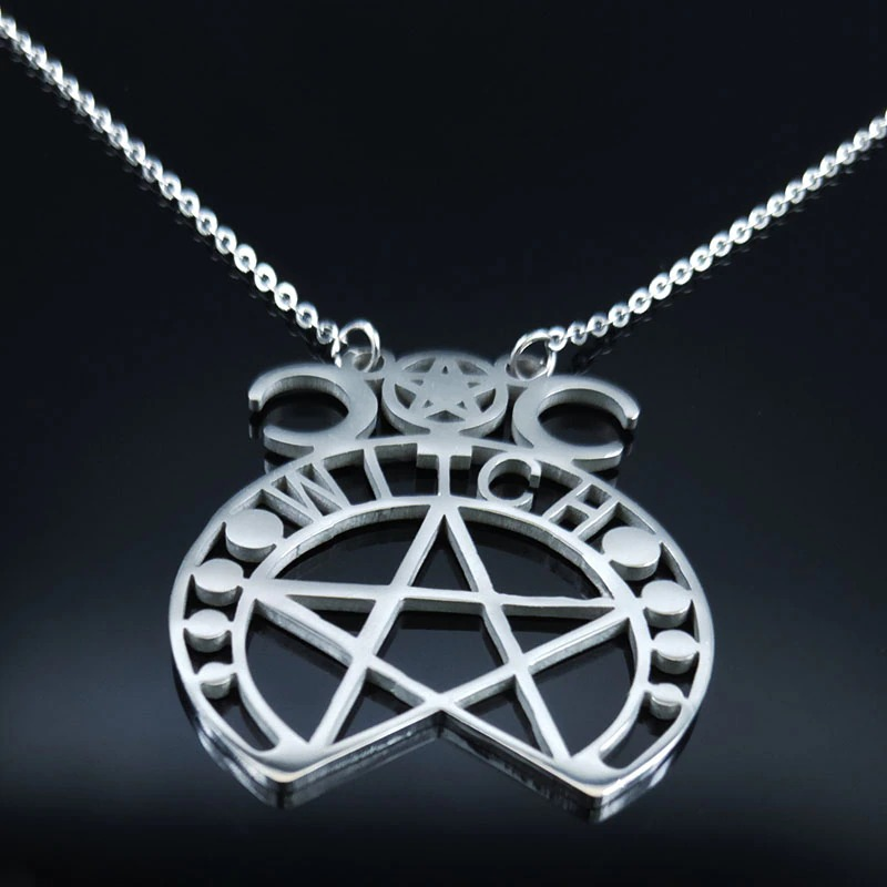 Stainless steel gothic pendant necklace with witchcraft pentagram design for women's alternative fashion.