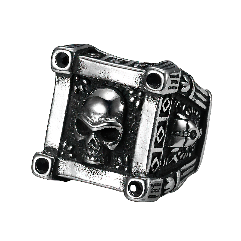 Gothic stainless steel ring featuring a prominent skull design, ideal for bikers and gothic jewelry lovers.