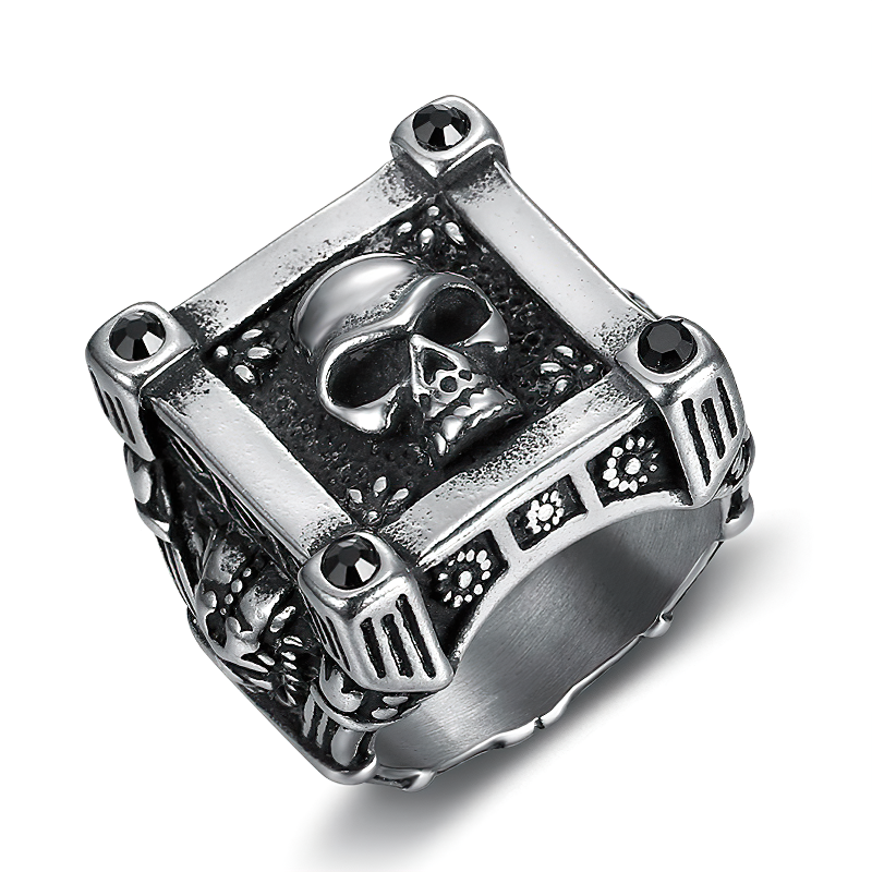 Stainless steel gothic ring with a skull, black diamonds, perfect for bikers and gothic jewelry enthusiasts.