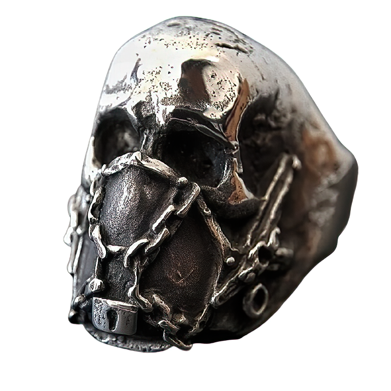 Stainless steel gothic skull ring with mask and chains, perfect punk biker jewelry for men and women.