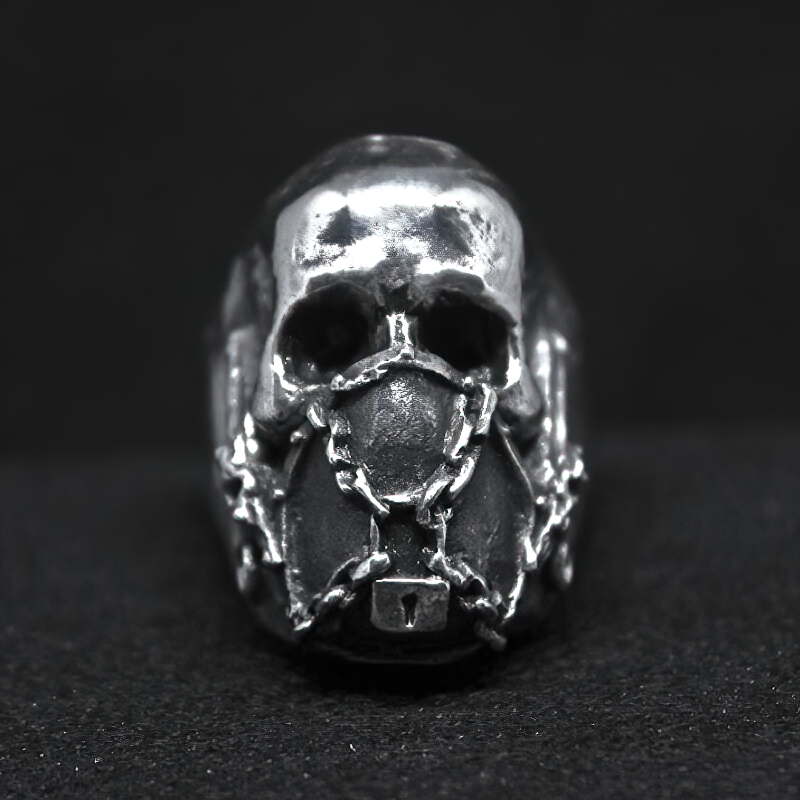 Stainless Steel Gothic Skull Ring in silver with mask and chains, perfect punk biker jewelry for men and women.