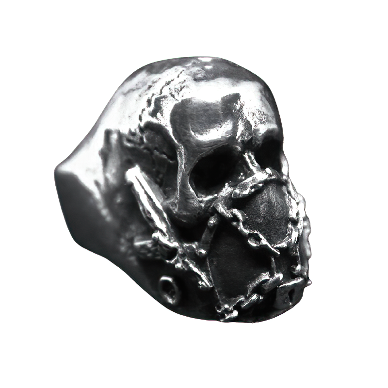 Stainless steel gothic skull ring in silver color, featuring a mask with chains, perfect for punk lovers.