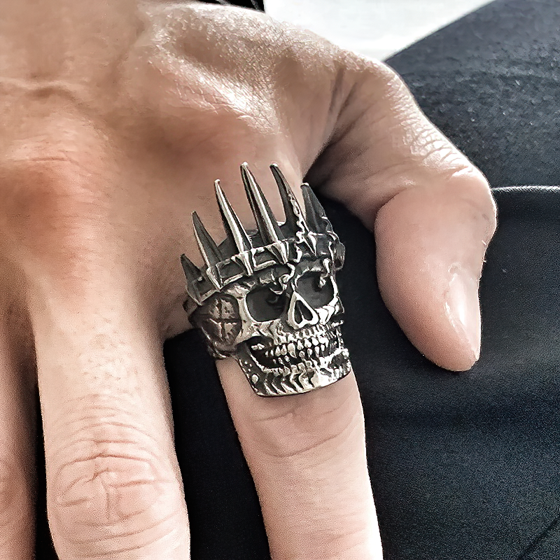 Stainless steel Gothic unisex ring featuring a skull with crown spikes, perfect for unique jewellery lovers.