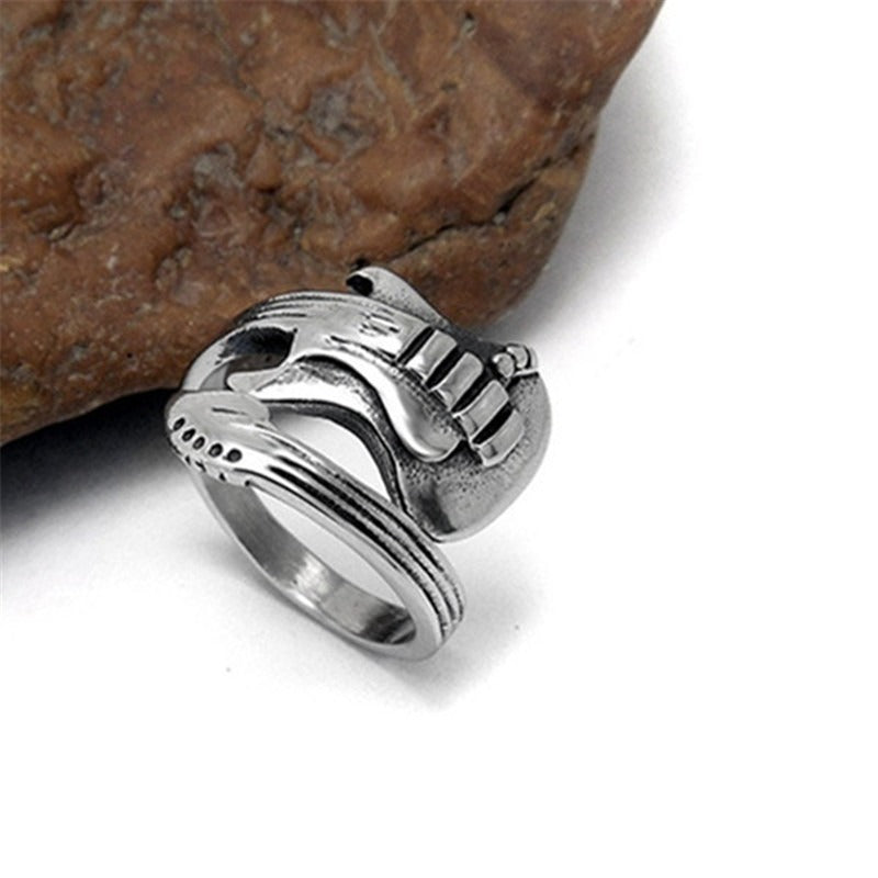 Stylish stainless steel guitar ring for musicians, unisex rock jewelry perfect for any outfit.