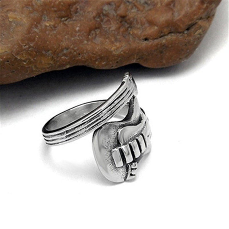Stainless steel guitar ring for men and women, rock jewelry, cool musician accessory, perfect for any rock outfit.