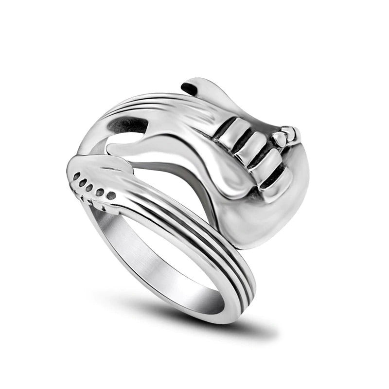 Stylish stainless steel guitar ring for unisex, perfect for rock enthusiasts and musicians.