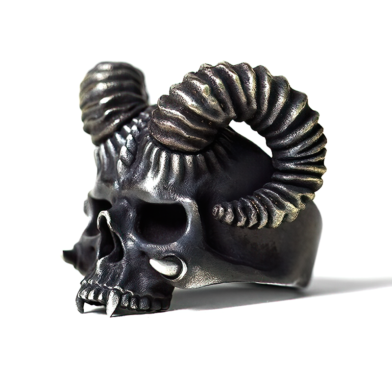 Stainless Steel horned devil skull ring, unique Gothic jewelry in silver color with intricate detail.