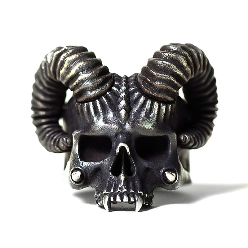 Stainless Steel Devil Skull Ring with Horns - Unique Gothic Silver Skeleton Jewelry