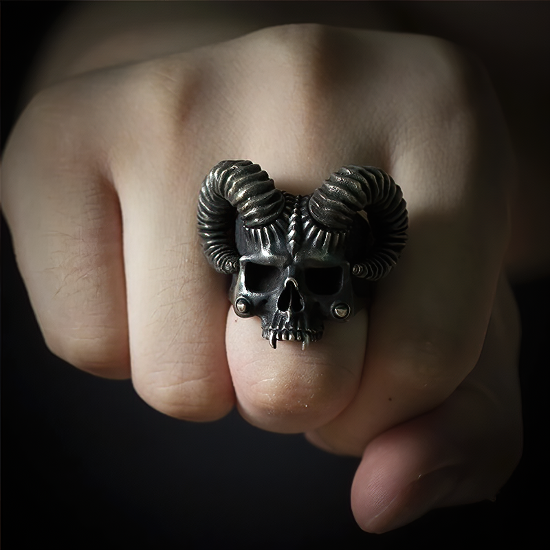 Stainless Steel Horned Devil Skull Ring / Unique Silver Color Skeleton Jewellery - HARD'N'HEAVY