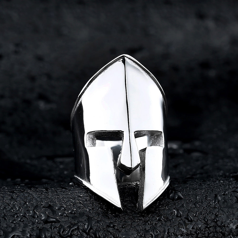 Stainless steel knight helmet ring showcasing a bold design, perfect for cosplay or alternative fashion enthusiasts.